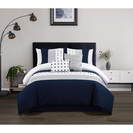 CHIC HOME Chic Home BCS25302-US Lanny Comforter Set with Block Pleated Ribbed Embroidered Design King Bedding - Decorative Pillows Shams; Navy - 5 Piece BCS25302-US